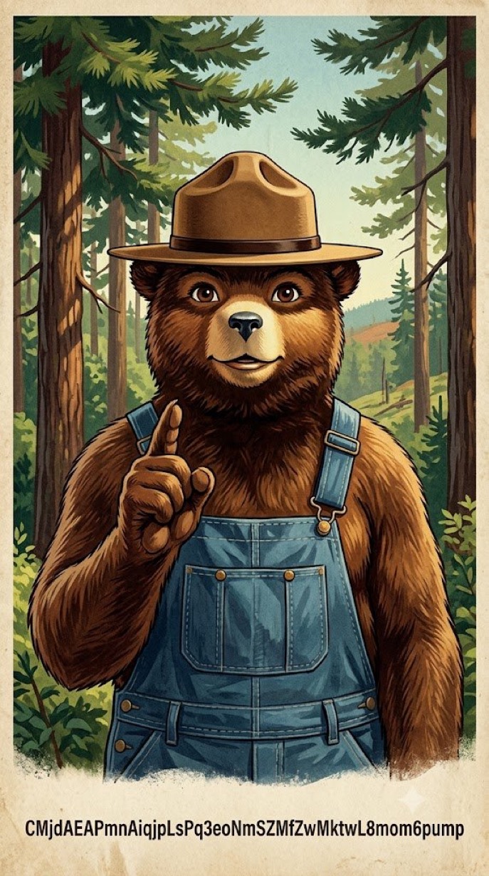 Vintage illustration of Smokey Bear in denim overalls raising one finger