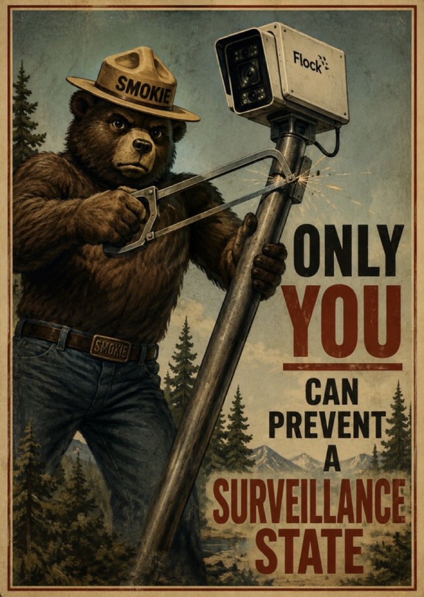 Retro poster of Smokey sawing down a Flock surveillance camera