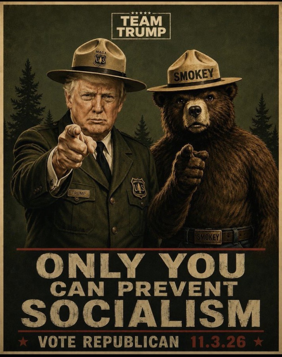 Poster of a park-ranger figure alongside Smokey Bear, both pointing forward